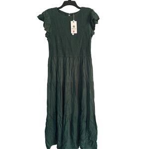 NWT Merokeety Dark Green Smocked Dress Tiered Flutter Sleeves Size XL